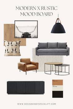 modern and rustic mood board with furniture