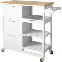 a white kitchen cart with wooden top and drawers