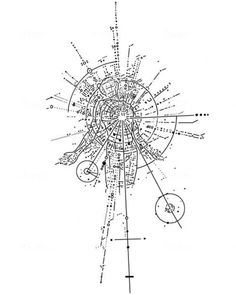 a drawing of a city map with lines and dots in the shape of a circle