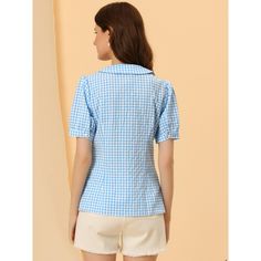 The gingham check pattern and full placket highlight the perfect short sleeve with the button-down of this soft and lightweight shirt. Made of lightweight woven, this versatile top is a summer staple that can be styled with just about anything. Puff sleeves add a bit of feminine touch, and add some flare to your everyday look. Pair it with pants or skirts and heels for an elegant work look. Short Sleeve Gingham Tops With Buttons, Gingham Short Sleeve Shirt With Button Closure, Summer Gingham Button-up Tops, Everyday Gingham Button-up Tops, Gingham Button-up Top With Button Closure, Gingham Check, Summer Staples, Work Looks, Peter Pan Collar