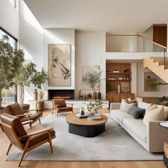 a living room filled with lots of furniture and a fire place in the middle of it