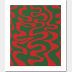 a red and green abstract print with wavy lines