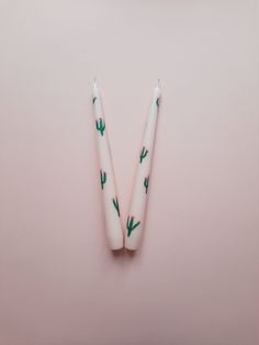 two toothbrushes with green leaves on them against a pink background, one is shaped like a cactus