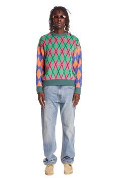 Argyle Block Sweater - Teddy Fresh Multicolor Long Sleeve Sweater With Ribbed Cuffs, Casual Multicolor Sweater With Ribbed Collar, Relaxed Fit Long Sleeve Jacquard Knit Sweater, Multicolor Relaxed Fit Long Sleeve Sweater, Multicolor Long Sleeve Relaxed Fit Sweater, Multicolor Relaxed Fit Sweater With Ribbed Cuffs, Multicolor Ribbed Collar Sweater For Fall, Long Sleeve Jacquard Knit Sweatshirt, Multicolor Relaxed Fit Winter Sweatshirt