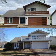 before and after photos of a house with wood garage doors on the second floor, and in the front