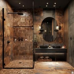 a bathroom with a sink, mirror and shower stall in it's center area