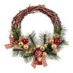 a wreath with christmas decorations on it