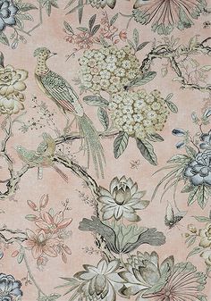 a pink floral wallpaper with birds and flowers