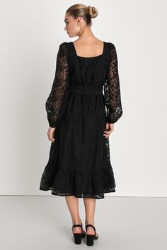 You won't regret adding the Lulus Keep It Sophisticated Black Floral Burnout Ruffled Midi Dress to your rotation of classy dresses! Sheer woven organza, with a floral burnout motif throughout, lays atop a black knit liner as it shapes this sweet dress with a square neckline framed by long, sheer balloon sleeves with elasticized cuffs. Lightly gathered bodice tops an elasticized waist (accented by a sash tying detail) that falls to a skater midi skirt with a tiered, ruffle hem. Fit: This garment Homecoming Dress Modest, Ruffled Midi Dress, Gathered Bodice, Black Homecoming Dress, Classy Dresses, Bodice Top, Midi Ruffle Dress, Sweet Dress, Balloon Sleeves