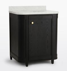 a black cabinet with a white marble top