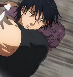 an anime character with black hair holding a knife