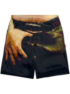 multicolour satin finish all-over graphic print elasticated waistband straight leg When buying this unisex item, keep in mind that it is graded in standard men's sizing. Painting Shorts, Painted Shorts, Yoko London, Iconic Bags, Exclusive Fashion, Ballet Flat Shoes, Ski Wear, Shorts Black, Lady Dior