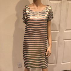 Nude Cocktail Dress With Grey Mother Of Pearl Sequin Stripes Gray Short Sleeve Mini Dress For Party, Gray Short Sleeve Party Dress, Nude Cocktail Dress, Trashion Fashion, Nude Cocktail Dresses, French Connection Dress, Mother Pearl, French Connection, Mother Of Pearl