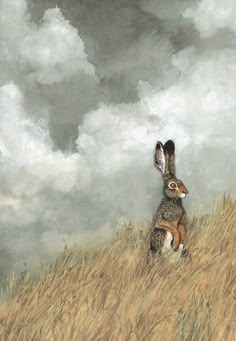 a painting of a rabbit sitting in the middle of a field with clouds above it