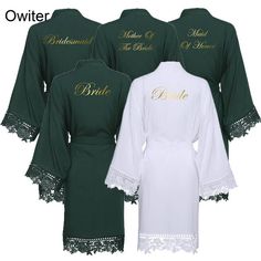 three bridesmaid robes in green and white with gold lettering on the front, one is