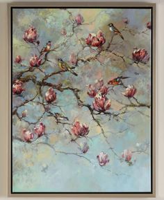 a painting of birds sitting on branches with pink flowers