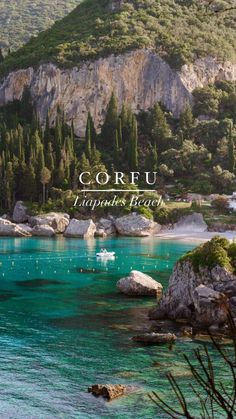 the cover of corfu happole's beach, with boats in the water