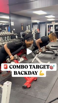 two women doing exercises in the gym with dumbbells and bench press up on each side