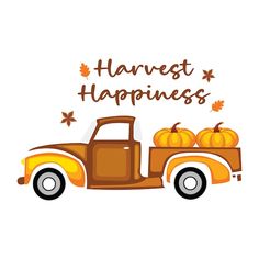 an orange truck with pumpkins in the back and harvest lettering on it's side