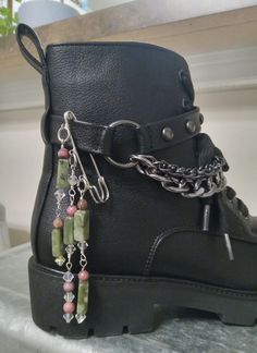 Boot charms/brooch/safety pin, pull loop, lamp/curtain decor/genuine Serpentine, Jasper, crystal,clip, bag pin, victorian/punk/goth/vamp/ ajustable boot chain. Ships free and fast in a giftable jewelry box, great gift idea for her birthday,mother's day, or for yourself!  If you would like the free ajustable chain please pick the option!  ~Step it up a notch with this safety pin drenched in GENUINE snake stone (serpentine), Jaspers, and crystals.  ~Great gift for someone to add some stepped up accessories to their boots, bags, shirts or jackets!   Yes, you can still be YOU but feel a little spoiled at the same time!  ~this is one of a kind!  If you would like me to attach an ajustable 12 inch silver chain to hang the pin from please choose that option, at no extra charge. (Photos are with a Safety Pins Jewelry, Safety Pin Shoes, Fast Gift Ideas, Safety Pin Accessories, Goth Birthday Gifts, Handmade Punk Jewelry For Alternative Fashion, Punk Boots Diy, Grunge Accessories Diy, Bag Pins Ideas