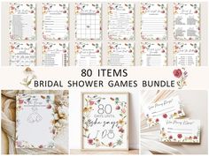 the bridal shower games bundle is shown with flowers on it and in front of them