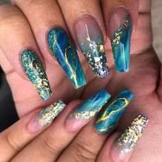 Discover 46 trendy acrylic nail designs that will make you want them done today. Nail Art Bleu, Cruise Nails, Teal Nails, Fancy Nails Designs, Cute Acrylic Nail Designs, Mermaid Nails, Shiny Nails, Simple Nail Designs, Coffin Nails Designs