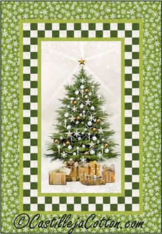 a christmas tree with presents under it on a green and white checkerboard background