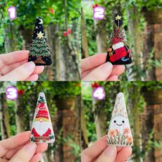 four miniature christmas trees in different shapes and sizes are shown with the numbers 1, 2, 3, 4