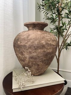 a vase sitting on top of a wooden table next to a potted plant and book