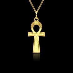 "Johnny Saint Studio offers unique jewelry that is carefully designed and meticulously crafted in America. We pride ourselves on creating pendants and medallions using only the finest materials: fully-certified 14k & 18k real Solid gold. * Made in USA * Metal/purity: 14k, 18k Yellow gold * Finish: polished * Pendant height: 1.4\" (35 mm) * Width: 0.65\" (17 mm) * Pendant weight (approx.): 6 grams in 14k gold * Bail: 8 mm (fits up to 4 mm chains) - bail is included * Gender: unisex * This pendant Symbolic Ankh Ceremonial Jewelry, Gold Ankh Necklace For Ceremonial Occasions, Gold Cross Necklace For Ceremonial Occasion, Gold Ankh Amulet Jewelry, Gold Ankh Necklace Hallmarked, Traditional Hallmarked Ankh Necklace, Traditional Engraved Crucifix Necklace, Spiritual Ankh Necklace For Ceremonial Use, Gold Ankh Amulet Necklace