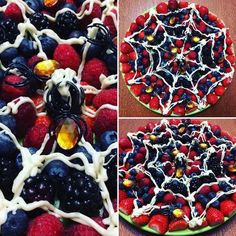 four different pictures of fruit arranged in the shape of spider webs, berries, and strawberries