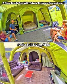 the inside of a tent with two people sitting in it and an image of a woman reading