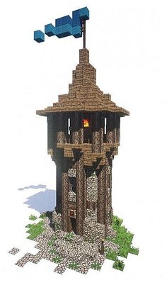 a small tower made out of rocks and logs with a flag on top that says minecraft