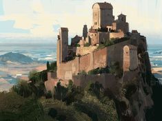 an artistic painting of a castle on top of a hill with ocean in the background