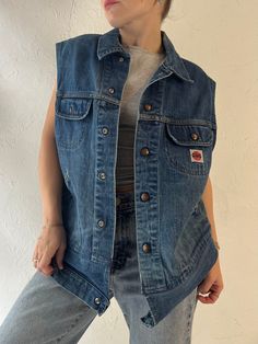 - Vintage GWG denim vest - Snaps up the front - A panel has been added to the bottom hem - Model is 5' for reference - Large  Chest: 22" Length: 26" Jeans West, Jean Jacket Vest, Mens Vests, Jacket Vest, Vest Outfits, Western Outfits, Denim Vest, Jean Jacket, Mens Outfits