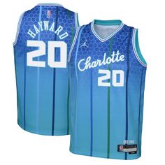 a blue basketball jersey with the number 20 on it, that says charlotte in white