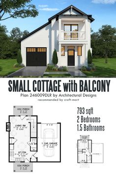 the small cottage with balcony plan has 2 bedroom and 1 bathroom, two car garage