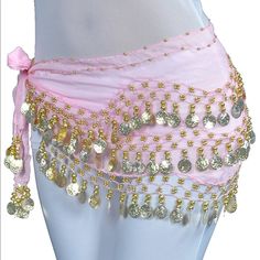 Belly Dancer Hip Skirt Brand New Color: Pink With Gold Coins Fabric: Chiffon Size: Os Measurements: Length 63”, Width 8.2 Drop #Halloween #Halloweencostume #Bellydancer #Arabic #Costume Womens Belly Dancer Costume, Belly Dance Turban, Belly Dancer Coin Skirt, Bohemian Summer Dance Bottoms, Fitted Pink Skirt For Festival, Pink Summer Dance Skirt, Pink Skirt For Summer Dance, Pink Skirt For Dance In Summer, Pink Skirt For Summer Dance Events