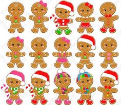 christmas gingerbread cutouts with santa hats and candy canes on them, all in different sizes