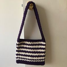 Handmade Crochet Handbag/Purse. Super Cute, Color Is Purple With White. 100% Acrylic Yarn. Purse Boutique, Crochet Handbag, Handmade Handbags, Crochet Handbags, Handbag Purse, Acrylic Yarn, Handmade Crochet, Color Purple, Straw Bag