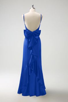 Royal Blue Mermaid Spaghetti Straps Ruffed Bow Back Satin Long Bridesm – Taooobao Evening Party