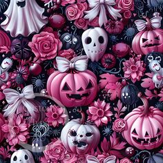 an image of halloween themed wallpaper with pumpkins and skulls in pink, black and white