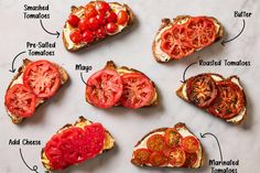 four slices of toast with tomatoes and other toppings on them, labeled in english