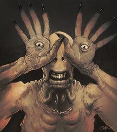 two hands covering the face of a creepy creature