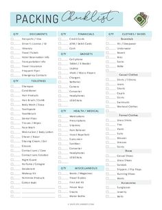 the packing checklist is shown in blue and white