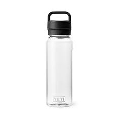 a glass water bottle with a black lid on a white background and the words yeti written in it