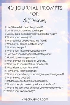 a list with the words, 40 journal prompts for self discovery