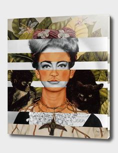 a painting of a woman with cats on her head and behind her is a cat