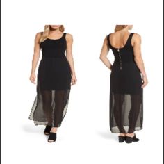 A Stretchy Tank-Style Dress Featuring A Long Sheer Overlay With A Shorter, Fitted Skirt Underneath. Side Slits Enhance Movement. Exposed Back-Zip Closure Front And Back Scooped Neck. Sleeveless. Fitted Waist. Partially Lined. 96% Viscose, 4% Spandex With 100% Polyester Overlay. Machine Wash Cold, Line Dry. Black Summer Dress With Invisible Zipper, Summer Dress With Invisible Zipper For Night Out, Black Summer Dresses With Side Zipper, Black Summer Dress With Side Zipper, Coral Orange Dress, Womens Evening Gowns, Chiffon Shift Dress, Sleeveless Wrap Dress, Sage Dress