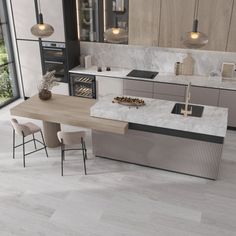 a modern kitchen with marble counter tops and an island in front of the stove top